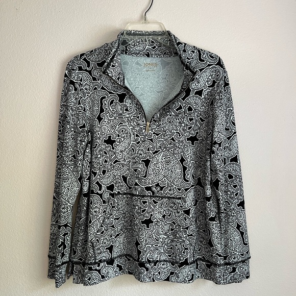 Jones New York Tops - Jones New York Black/White Paisley Patterned 3/4 Sleeve Front Half Zip Top